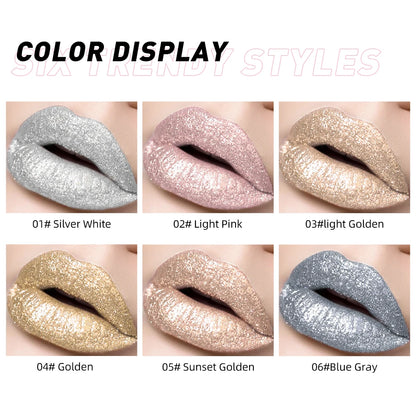 6 Colors Metallic Glitter Diamond Liquid Lipstick Waterproof Long Lasting Pearl Shiny
