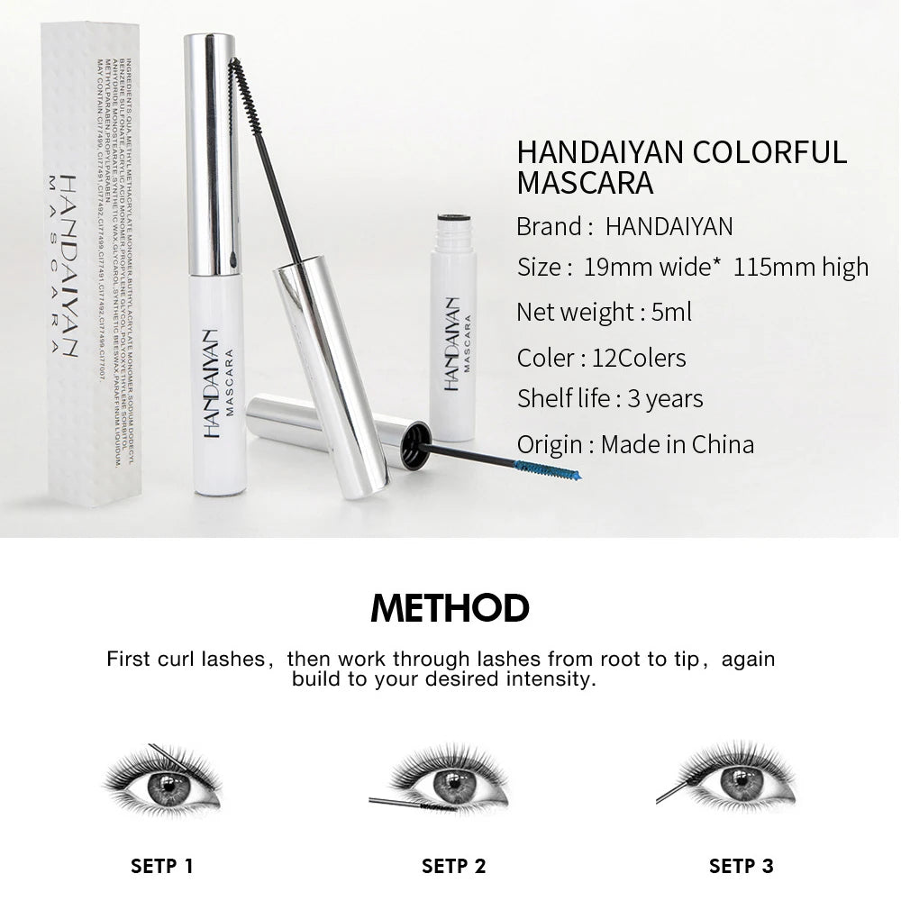 12 Color Mascara Waterproof Fast Dry Eyelashes Curls Extension Festival Make-Up Eyelashes Blue Red Purple Black White Mascara