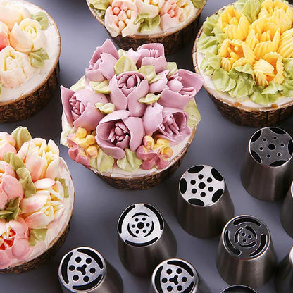 18Set Russian Tulip Icing Piping Nozzles Stainless Steel Flower Cream Pastry Tips Nozzles Bag Cupcake Cake Decorating Tools