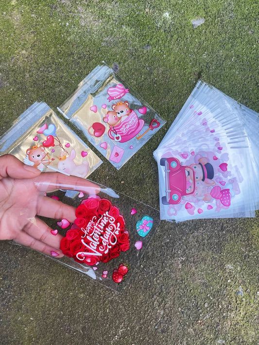 100pcs Red Rose Love Heart Balloon Pattern Gift Bag, Valentine's Day Cute Bear Printed Gift Decoration OPP Bag For Lovers Party