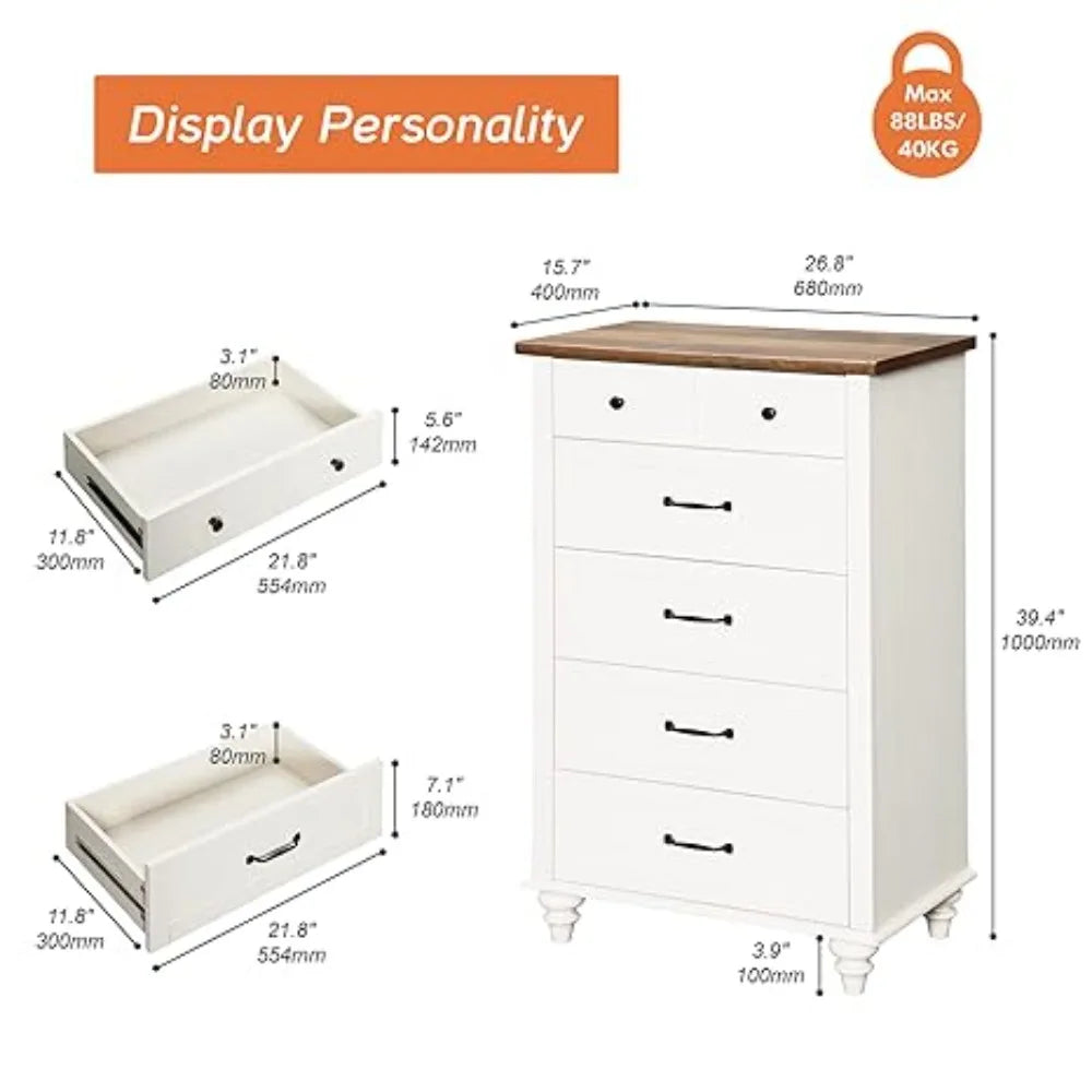 High Vanity with 5 Drawers, Baby Room Vanity Organizer, Wide Drawer Wardrobe, Vintage Farmhouse Wooden Wardrobe