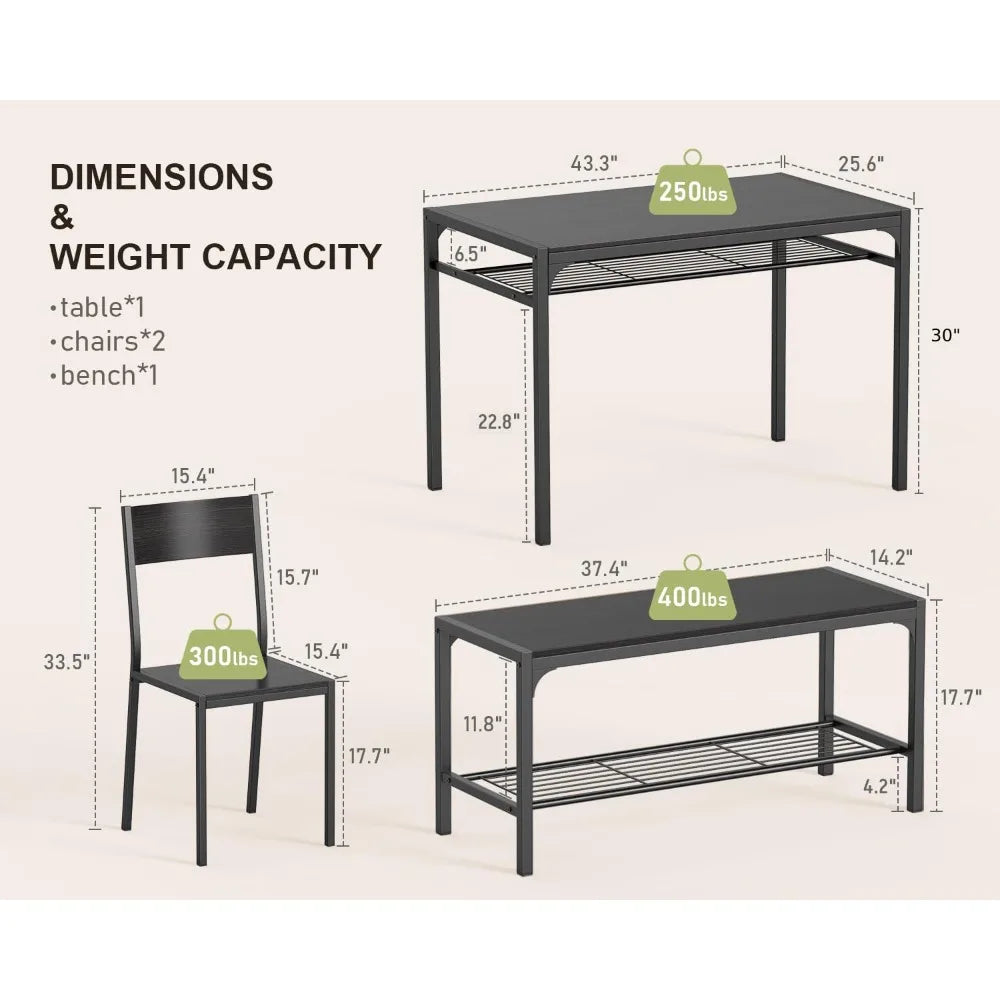Gizoon Kitchen Table and 2 Chairs for 4 with Bench, 4 Piece Dining Table Set for Small Space, Apartment