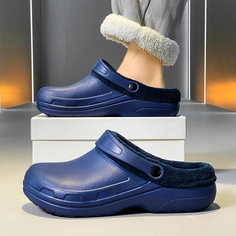 winter fluffy slippers men outdoor clogs warm home cotton shoes indoor cozy slides pull on comforty non-slip chef shoes