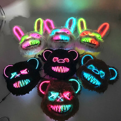 LED Glowing Cosplay Bloody Rabbit Mask Halloween Scary Killer Bloody Bunny Bear Headgear Carnival Masquerade Horror Costume Prop