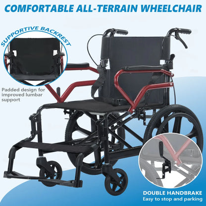 18“Large wheels Wheelchair with Hand Brake Lightweight Foldable Wheelchair for Elderly, Durable Home & Outdoor Patient