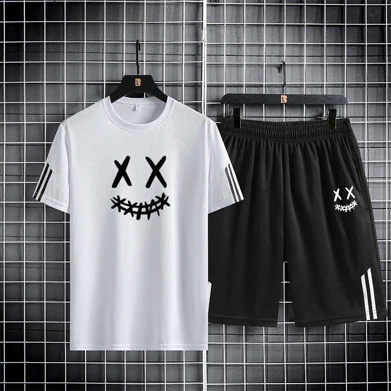 Three bar trendy men's printed sports set with smiling face pattern, mesh breathable round neck T-shirt, two-piece pants set new