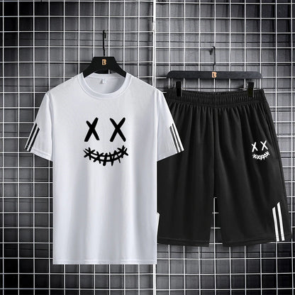 Three bar trendy men's printed sports set with smiling face pattern, mesh breathable round neck T-shirt, two-piece pants set new