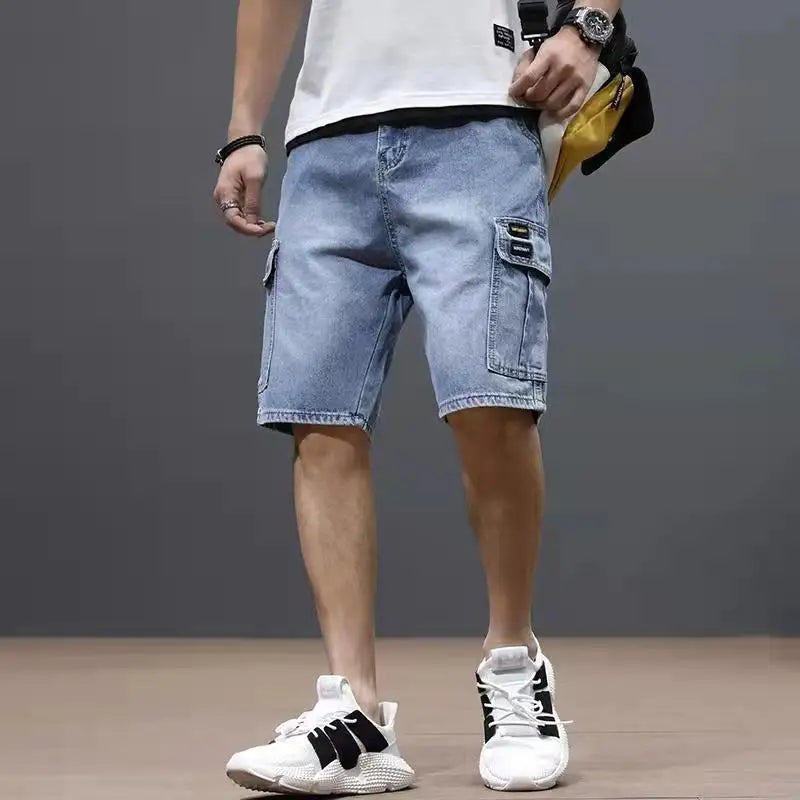 Men's Casual Loose Baggy Cowboy Pants Streetwear Cargo Summer Denim Jeans Straight Knee Length Shorts Male