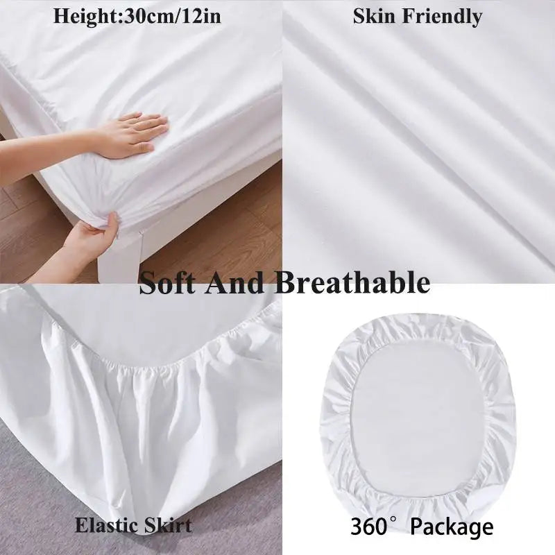 Waterproof Fitted Sheet Bedding Cover Bed Cloth Solid Color Mattress ,Soft Breathable Noiseless Bed Cover Deep Pocket Large size