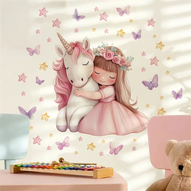 Cartoon Girl Unicorn Vinyl Child Wall Stickers for Baby Room Decoration Bedroom Accessories Furniture Decals Wall Art Room Decor