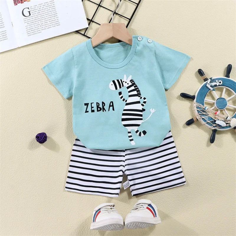 Cotton Cartoon Zebra Dinosaur Print Tracksuit Set 2-Piece Kids Summer Clothes Tee Shorts for Boys Girls 1-6 Years