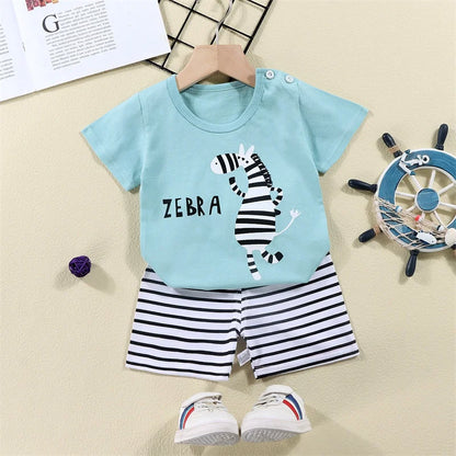 Cotton Cartoon Zebra Dinosaur Print Tracksuit Set 2-Piece Kids Summer Clothes Tee Shorts for Boys Girls 1-6 Years