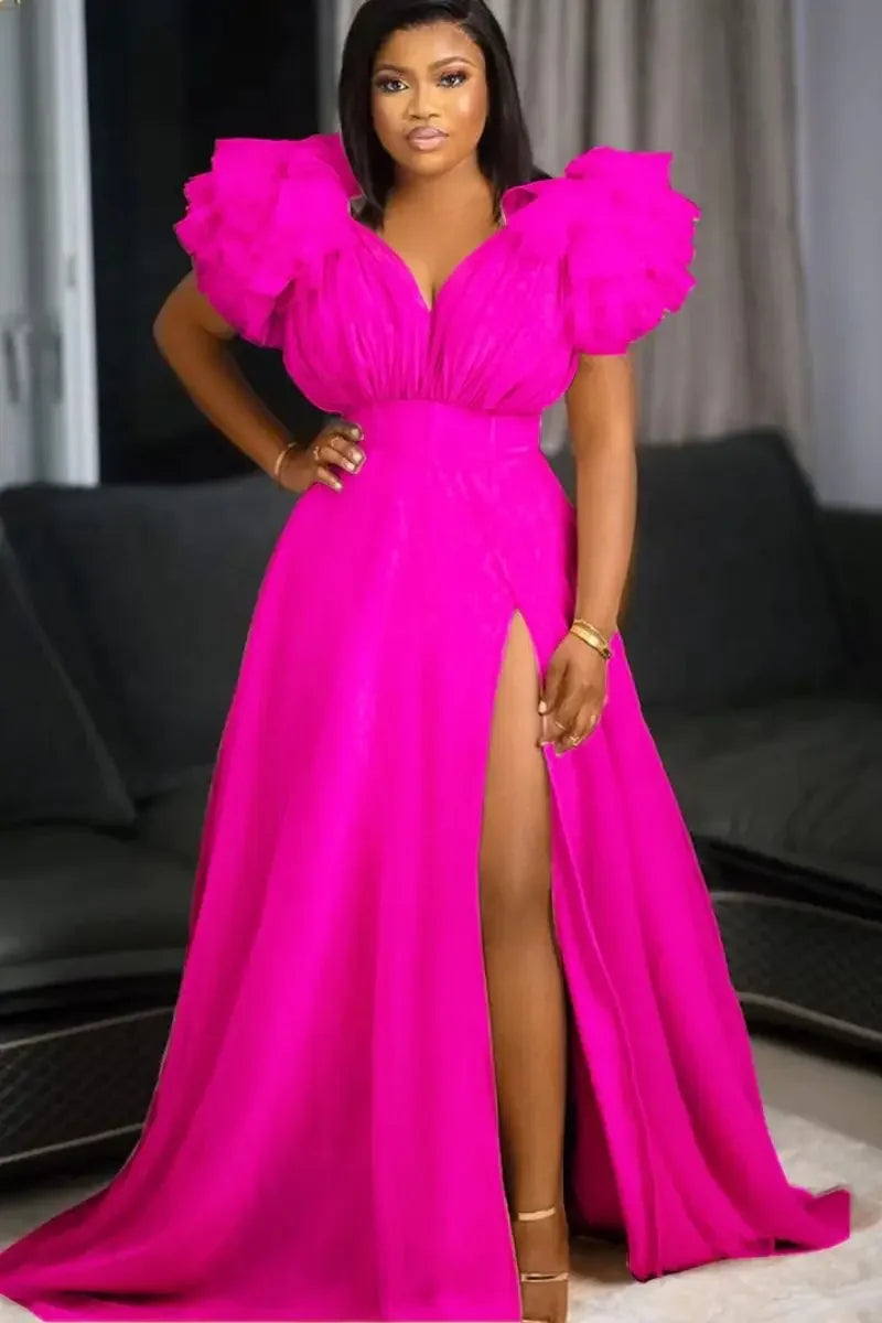 Women's Puff Mesh Short Sleeves Party Side Split Deep V Neck Sexy Club Birthday Dresses Plus Size