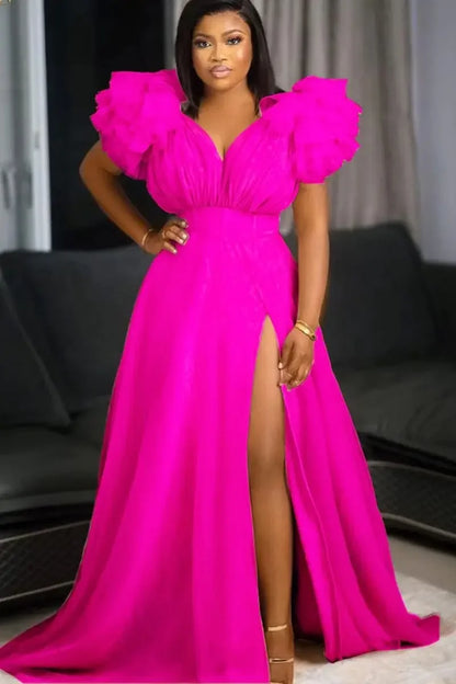 Women's Puff Mesh Short Sleeves Party Side Split Deep V Neck Sexy Club Birthday Dresses Plus Size