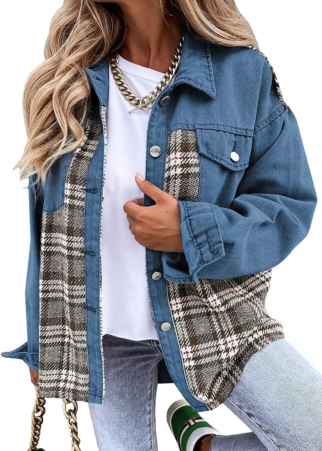 Women’s Long Sleeve Denim Jacket – Punk Plaid Print Button‑Up Irregular Shirt Jacket