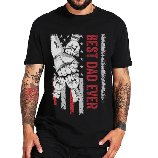 Custom Best Dad Ever T Shirt with Kids Name Fist Bump Dad Shirt Personalized Dad Grandpa American Flag T Shirt Fathers Day Gift