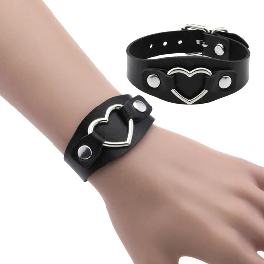 Punk Gothic Style PU Leather Faux Jewelry Heart Bracelet ,Male Female Lover Bangle Holiday Party Costume ﻿