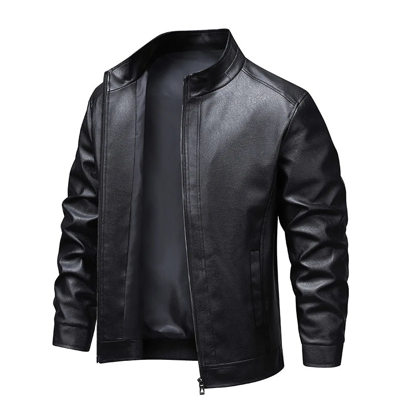 Men’s Leather‑Style Stand‑Collar Jacket – Windproof Casual