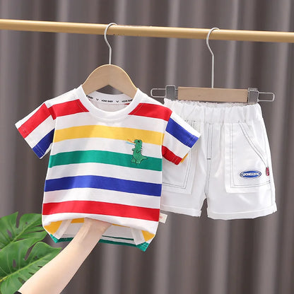 Summer Cute Cartoon Dinosaur Fashion Children O-neck T-shirt+Shorts+Bag Set