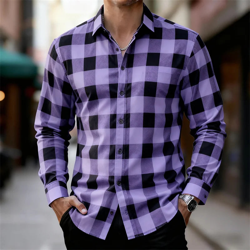 Men's classic red and black plaid long-sleeved shirt casual retro