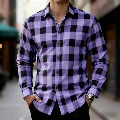 Men's classic red and black plaid long-sleeved shirt casual retro