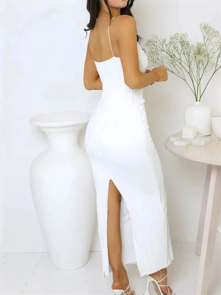 Sexy Women's Long Dress: Ruched, Sleeveless, Slim Fit, Solid Summer Party Clubwear with Back Split