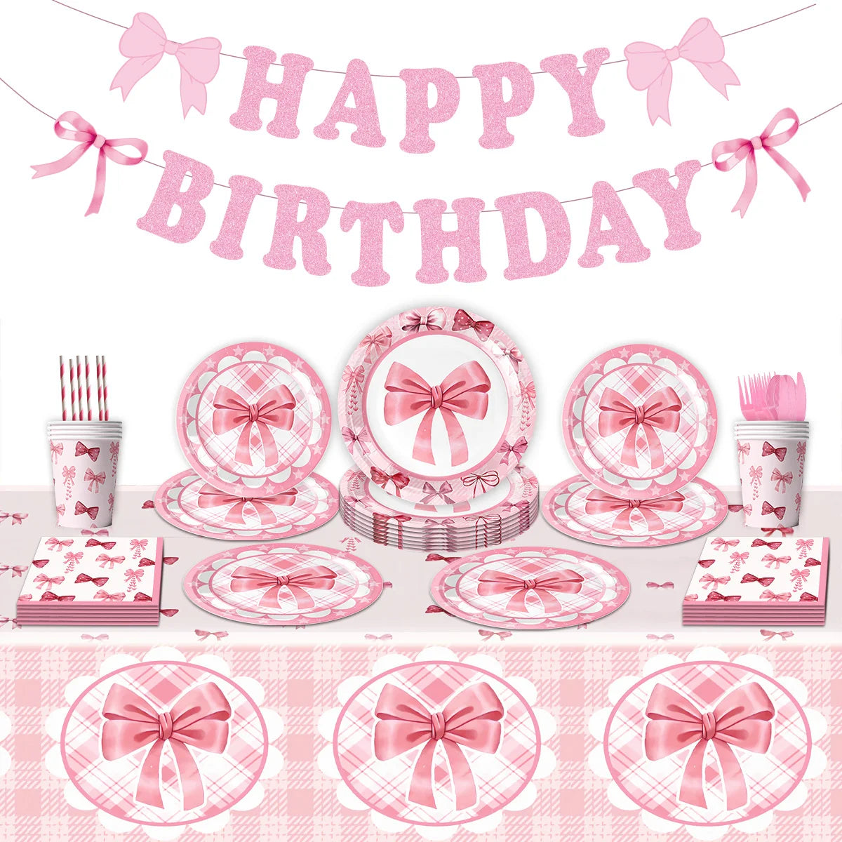 Pink Bow Birthday Theme Party Set Disposable