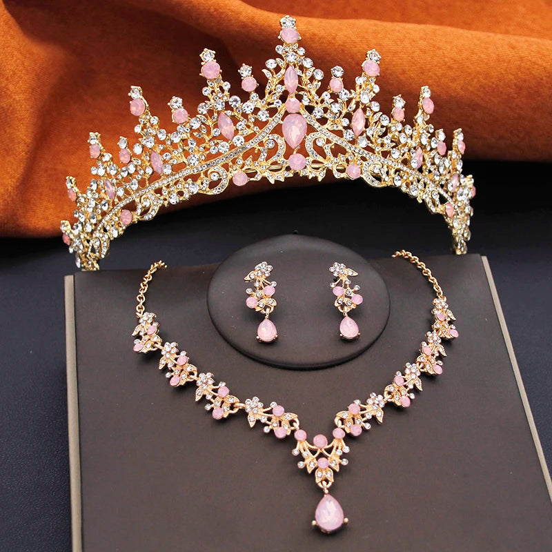 Elegant Party Birthday Bridal Wedding Crown Tiaras and Necklace Earrings 3 pcs Sets