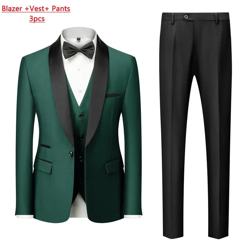 Men's Solid Color Suit Jacket Blazer Waistcoat Vest Pants Set M-6XL