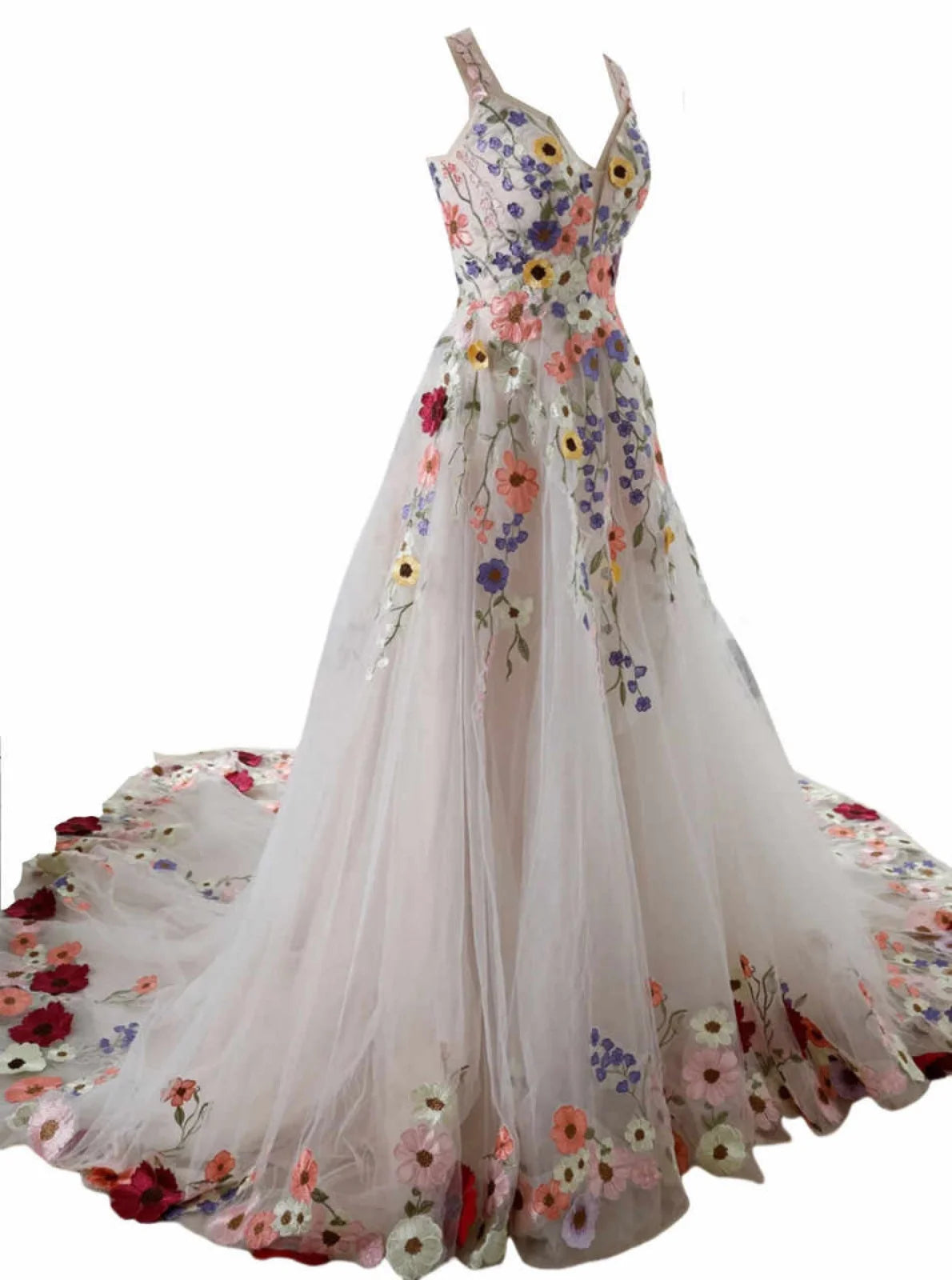 3D Flower Applique Wedding Dress Lace Embroidery Tulle Bridal Gown Strapless Puffy Prom Dress A Line Beach Bridal Gowns