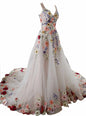 3D Flower Applique Wedding Dress Lace Embroidery Tulle Bridal Gown Strapless Puffy Prom Dress A Line Beach Bridal Gowns