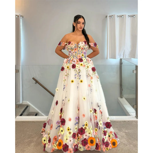 Cathy Off Shoulder 3D Flowers A-line Wedding Dress With Court Train vestidos de noiva Zip Back Customized Formal Evening 2025