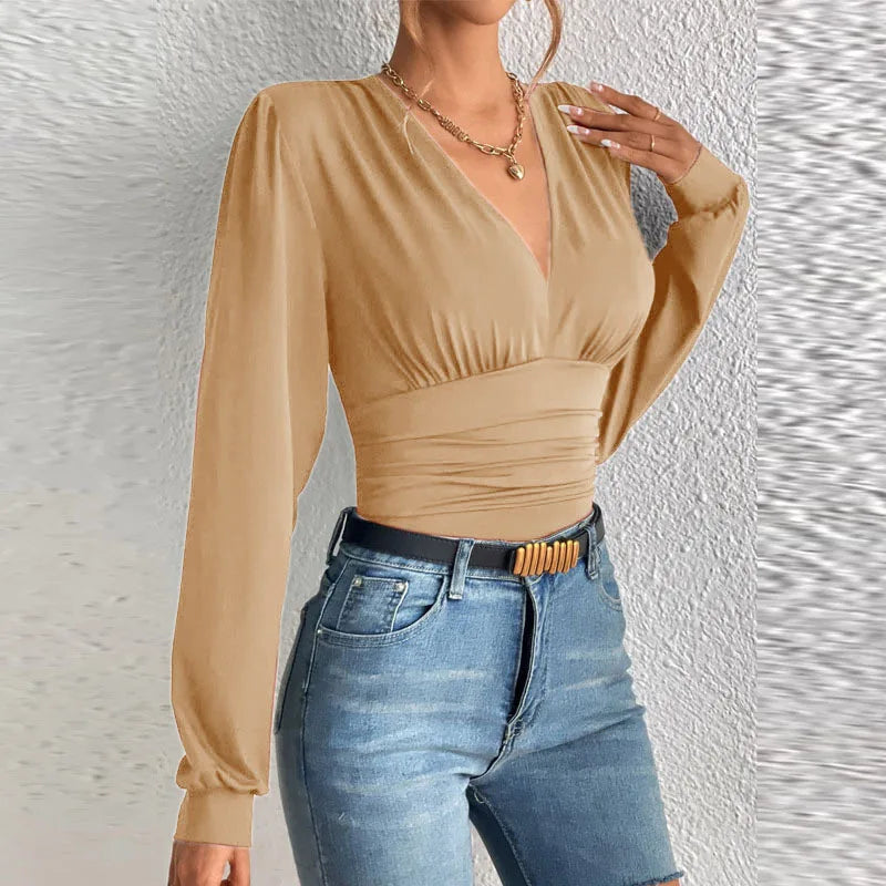 Women's Sexy Deep V Neck Long Sleeve Solid Blouse Slim Elegant