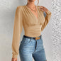 Women's Sexy Deep V Neck Long Sleeve Solid Blouse Slim Elegant