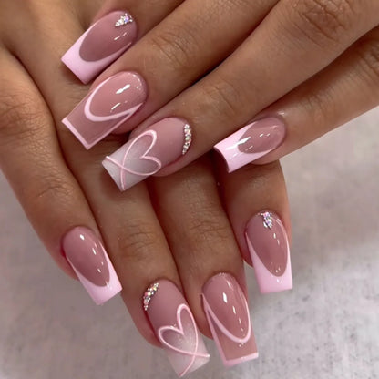 24Pcs French Pink Press on Nails Short Square Head Fake Nails with Flower Rhinestone Design Wearable Finished False Nail Tips