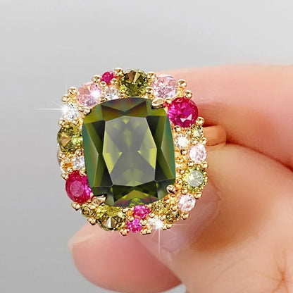 Huitan Newly Colorful Green Cubic Zirconia Rings for Women Special-interested Wedding Party Gorgeous Accessories Female Jewelry