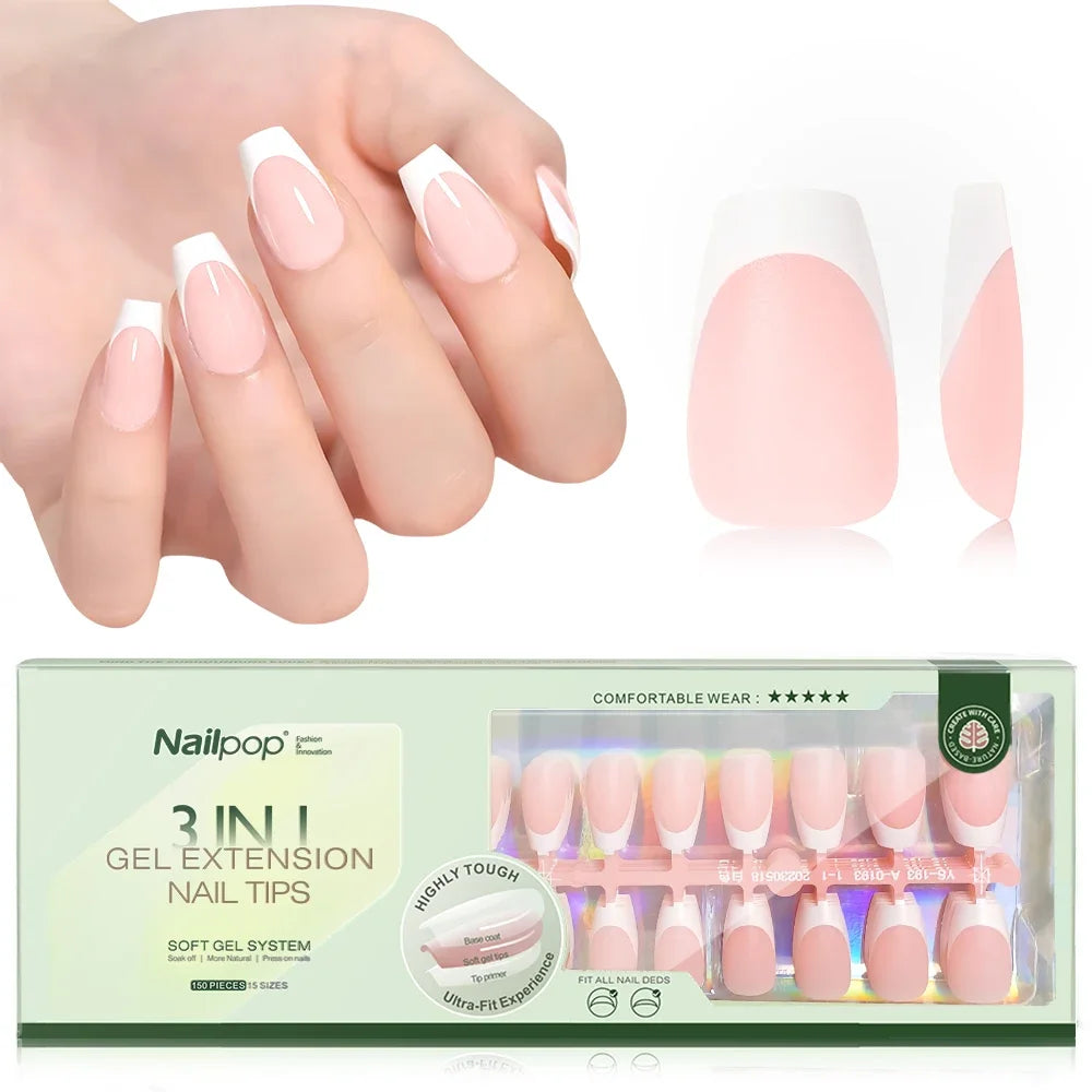 150PCS Short Coffin Press on Nails 3 in 1 Coat Soft Gel Nail Tips French Tip 15 Sizes