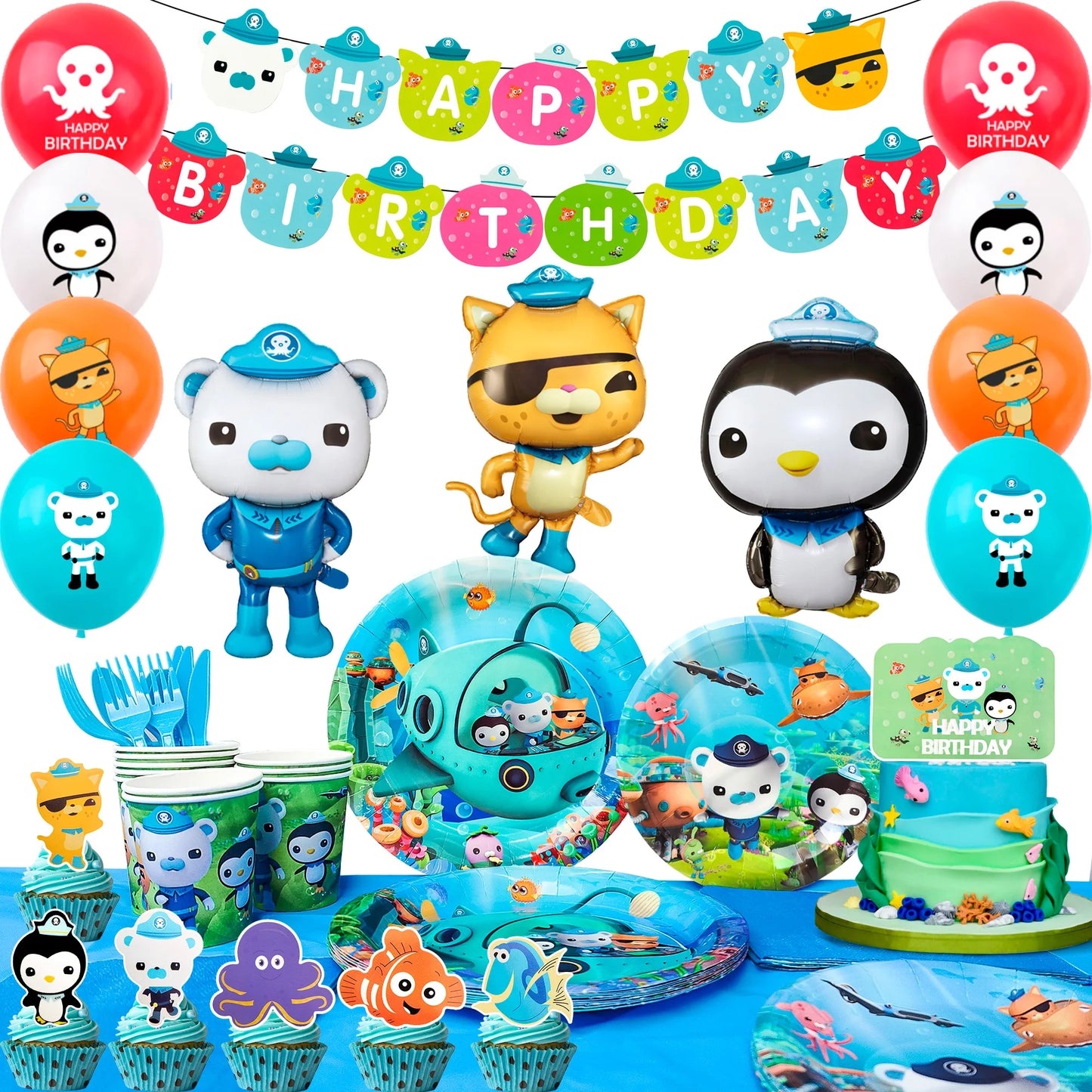 114‑Pcs Octonauts Party Kit – Plates, Napkins, Tablecloth, Balloons & More