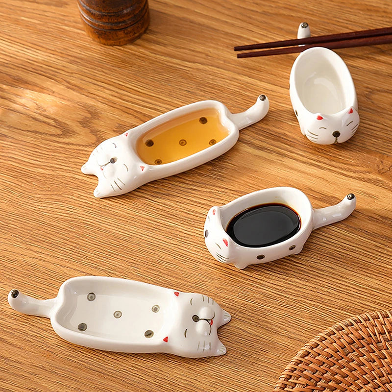 Cartoon Cat / Rabbit Sauce Dishes Ceramic Pot Sauce Dipping Dishes Kitchen Knife And Fork Holder Table Decoration
