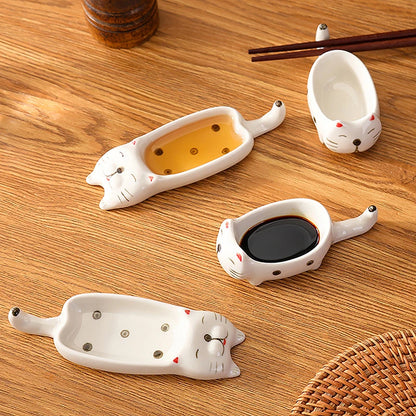 Cartoon Cat / Rabbit Sauce Dishes Ceramic Pot Sauce Dipping Dishes Kitchen Knife And Fork Holder Table Decoration
