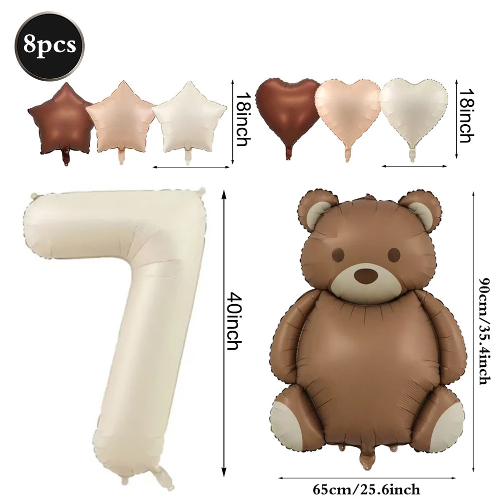 Cute Teddy Bear Party Birthday Number Balloons Large Retro Brown Bear Foil Balloon Set 8 pcs Baby Shower Birthday Party Decor