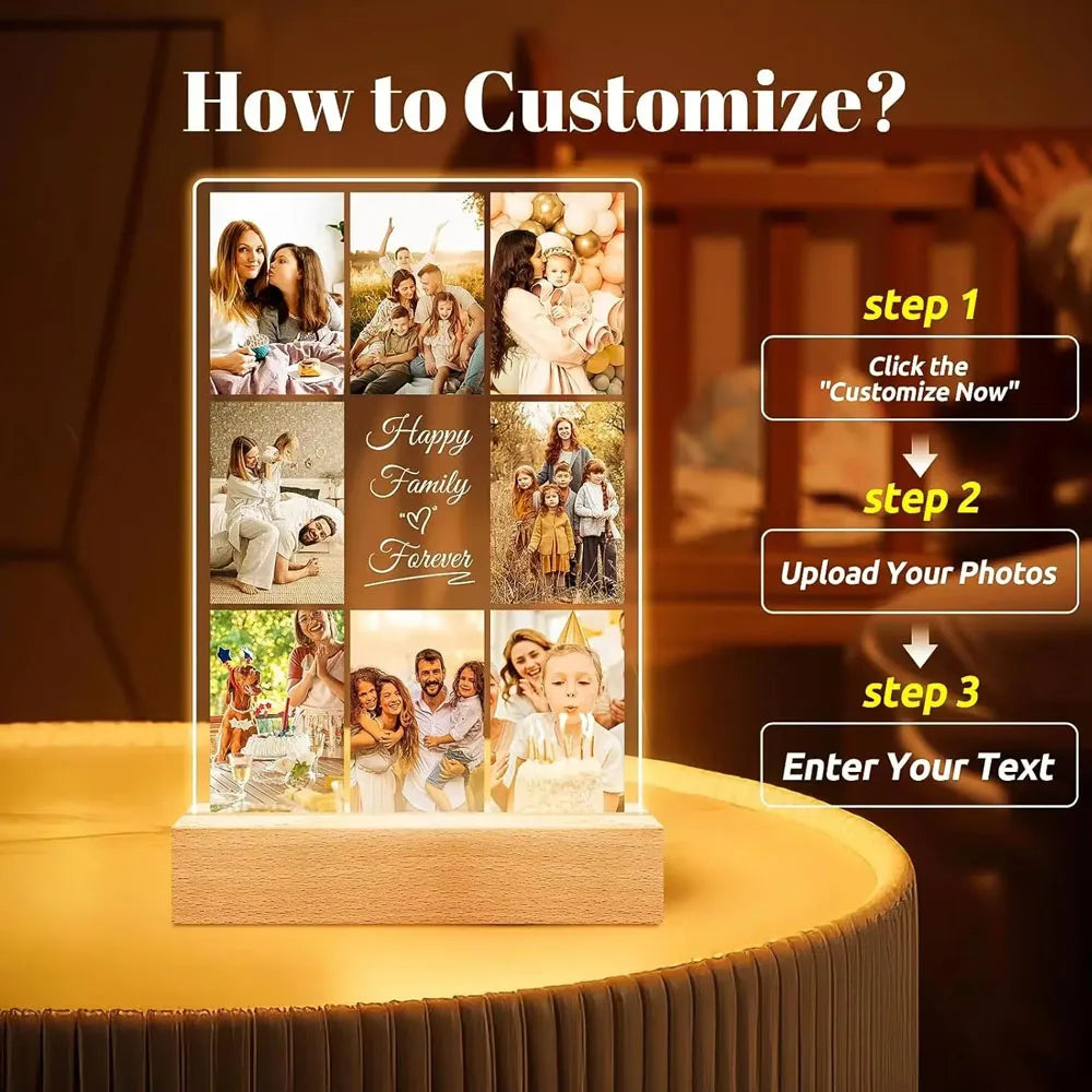 Personalized Mothers Day Gifts for Mom/Dad/Baby/Family Birthday Custom LOVE Picture Frame With Photos Night Light Acrylic Plaque