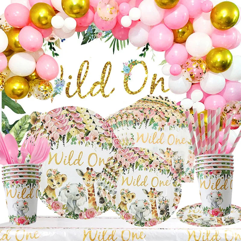Pink Gold Animal Wild One Birthday Party Disposable Party Supplies