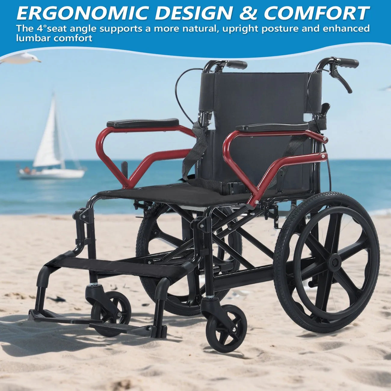 18“Large wheels Wheelchair with Hand Brake Lightweight Foldable Wheelchair for Elderly, Durable Home & Outdoor Patient