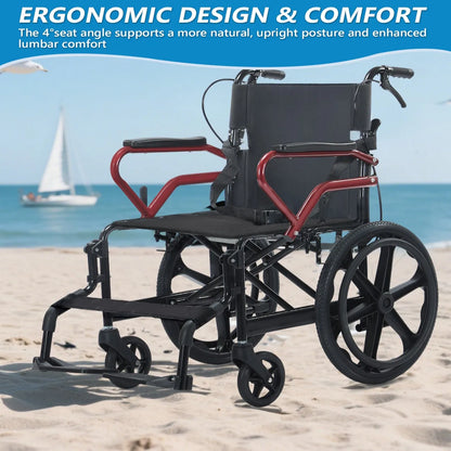 18“Large wheels Wheelchair with Hand Brake Lightweight Foldable Wheelchair for Elderly, Durable Home & Outdoor Patient