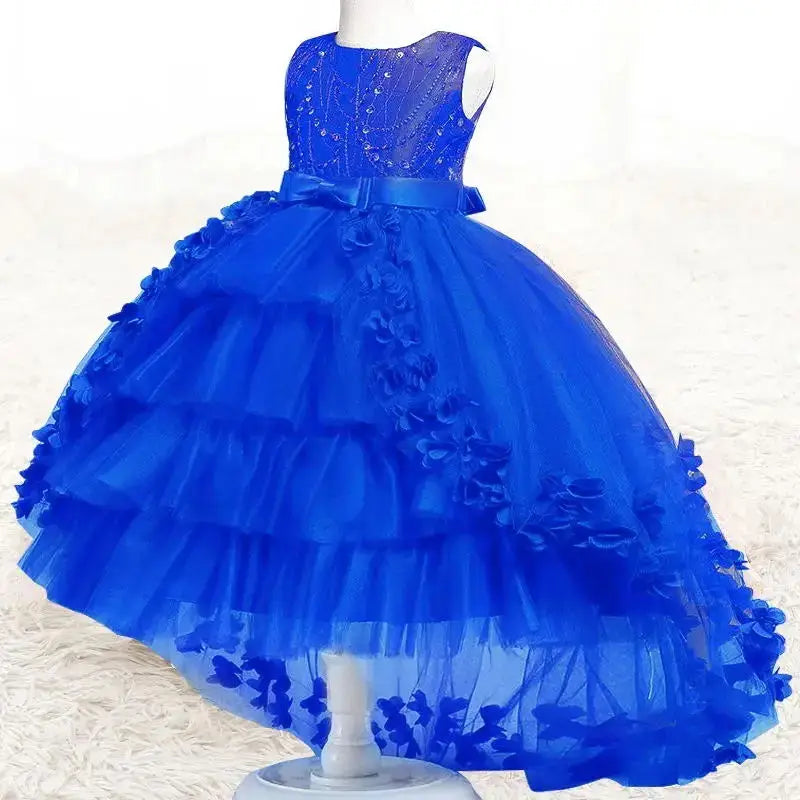 Party Embroidered Sticker Tailcoat Flower Girl Birthday Party 3-12  Sequin Dress