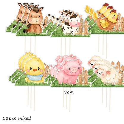 18pcs Carton Farm Animal Paper Cupcake Toppers for Kids Farm Themed Birthday Baby Shower Party Decoration DIY Cake Supplies