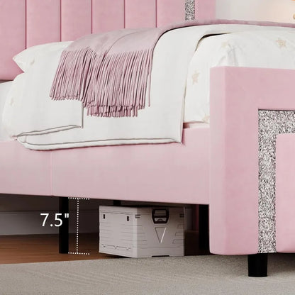 Queen Bed Frame with Headboard, Pink Velvet Upholstered Bed Frame with Diamond Footboard, Soft Bed Frames, Vertical Chann
