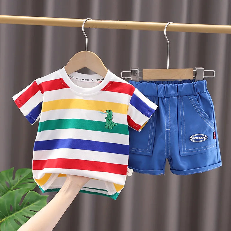 Summer Cute Cartoon Dinosaur Fashion Children O-neck T-shirt+Shorts+Bag Set