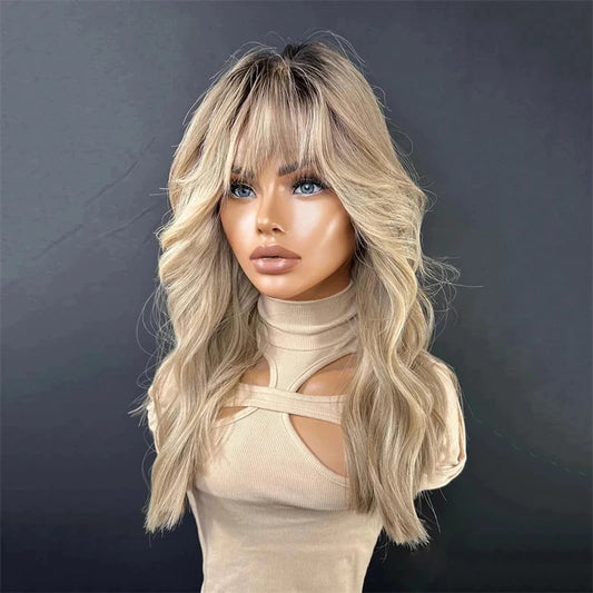 Lace Part Wigs for Women Ombre Ash Honey Blonde Colored Glueless Wigs with Bangs WEar and go 100% Natural Woman"s Wig Synthetic